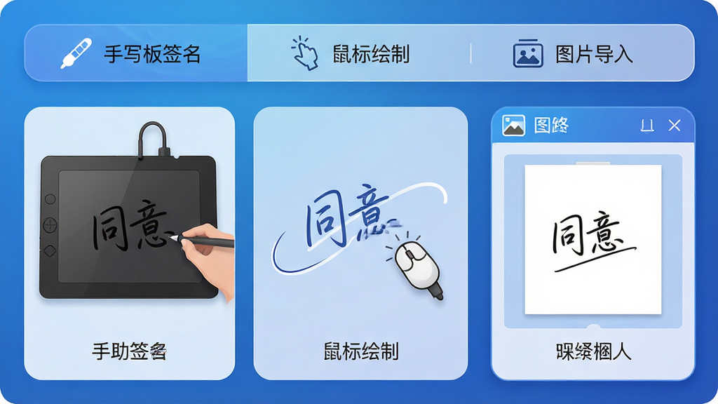 主体:软件功能界面特写,展示“手写板签名”“鼠标绘制”“图片导入”三个选项卡。布局:三列并排设计,左侧为手写板设备示意,中间为鼠标光标绘制曲线,右侧为图片选择窗口。排版:界面整洁,功能图标下方配有简短文字说明。风格:科技感UI设计,渐变蓝底色,圆角卡片布局。细节:手写板上正在书写“同意”二字,鼠标轨迹形成流畅签名曲线,图片窗口预览一张白纸黑字签名。画质:高分辨率,界面文字清晰可读,无多余元素。