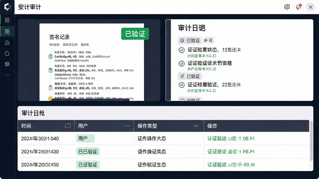 主体:安全审计界面,显示签名记录列表与证书验证状态图标。布局:上方为文档预览区,带有绿色“已验证”标签;下方为审计日志表格,包含时间戳、用户、操作类型字段。排版:信息层次分明,重要数据用醒目标识。风格:严谨的企业级软件界面,白底深色文字,绿色安全元素点缀。细节:证书链信息完整,日志记录清晰,界面无杂乱元素。画质:高清晰度,专业感强。