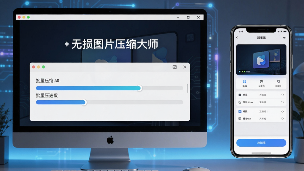 无损图片压缩大师在电脑上运行的界面,显示批量压缩进度条,以及手机端操作界面,形成对比,画面清晰,包含