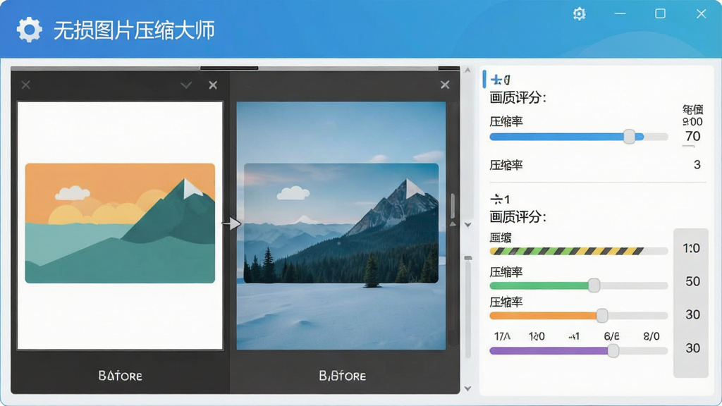 无损图片压缩大师软件界面截图,左侧为图片压缩前后对比预览区,右侧显示压缩率与画质评分,界面包含