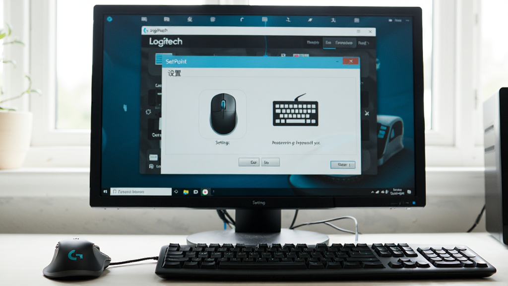 主体:计算机屏幕显示Logitech SetPoint软件界面,旁边放着罗技鼠标键盘。布局:屏幕居中,鼠标键盘位于屏幕前方,形成使用场景。排版:屏幕中清晰显示“设置”窗口,有鼠标图标和键盘图标。风格:真实摄影风格,光线明亮。细节:强调软件界面与硬件设备的连接,画质清晰,无多余元素。