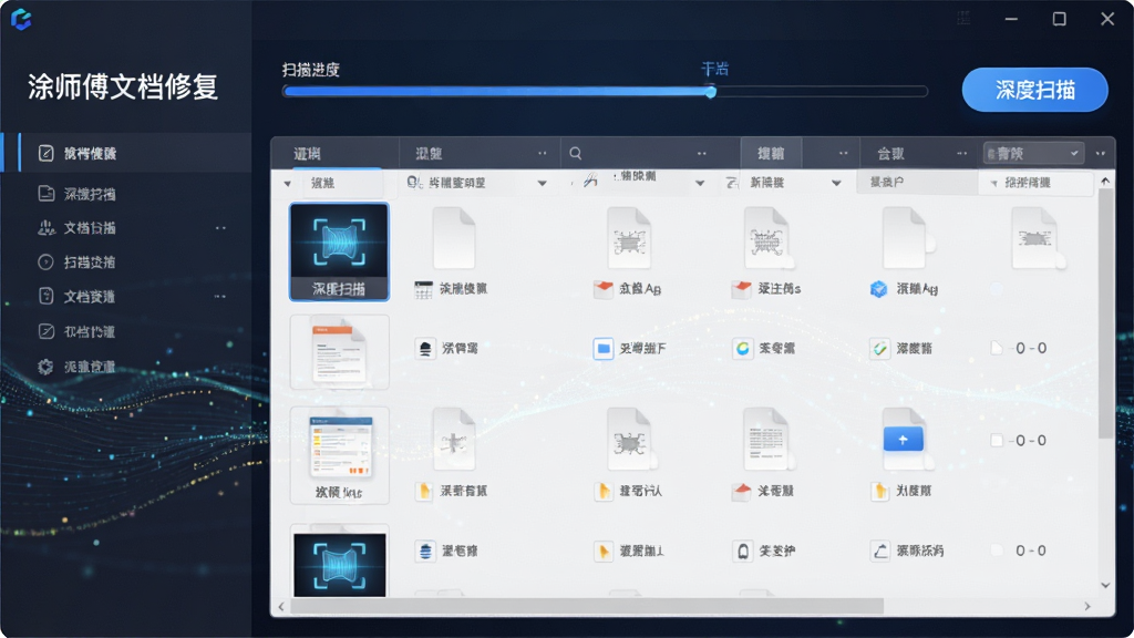 软件界面截图,主窗口显示扫描进度条与文件列表缩略图,左侧栏为“涂师傅文档修复”字样,背景为深色渐变,数据流动特效,整体风格专业科技,界面布局清晰,细节丰富,画质细腻干净,无多余元素,界面中高亮显示“深度扫描”按钮