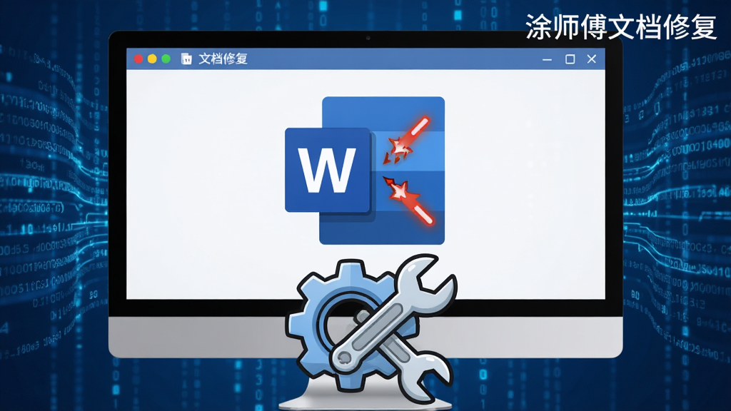 主视觉展示图,画面中央为电脑屏幕中一个带有损坏标志的Word文档图标,下方一个齿轮与十字扳手交叉的卡通修复工具,背景为科技感蓝色数据流,整体布局简洁大气,风格清新商务,细节精致,画质高清干净,无多余元素,屏幕角落标注“涂师傅文档修复”六个字