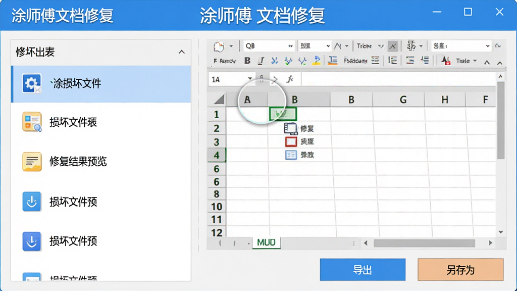 修复结果预览界面,左右分栏布局,左侧展示损坏文件列表,右侧显示修复后的Excel表格内容,底部有“导出”与“另存为”按钮,整体风格明亮清爽,界面标注“涂师傅文档修复”字样,细节清晰,画质干净无多余元素