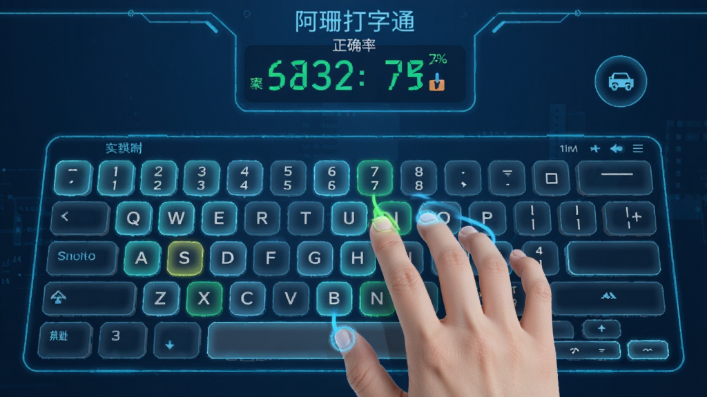 阿珊打字通,指法训练界面,虚拟键盘高亮显示手指分区,用户手指正在敲击键盘,屏幕上有实时速度与正确率数据面板,界面科技感十足,蓝色调为主,画质高清,干净无多余元素。