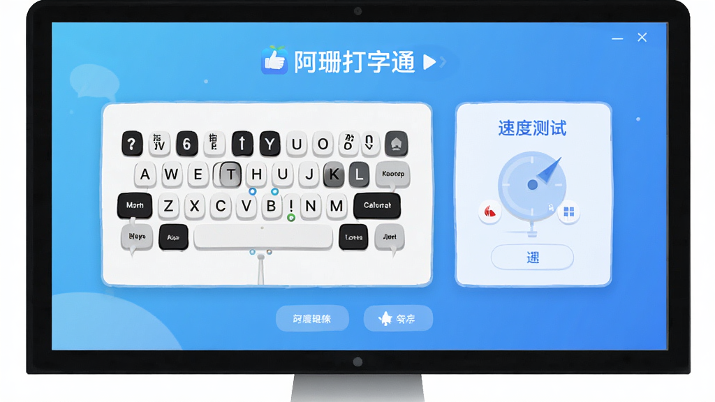 阿珊打字通,打字练习软件,主界面展示,电脑屏幕显示指法训练和速度测试模块,背景为清新的蓝色渐变,界面扁平化设计,图标简洁现代,画质干净,无多余元素。