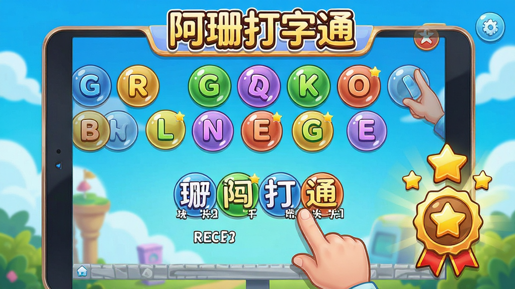 阿珊打字通,游戏闯关模式,卡通风格界面,屏幕上出现字母泡泡和打字目标,用户完成关卡后显示星星奖励和成就徽章,色彩明亮活泼,画质精细,无多余元素。