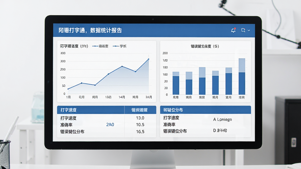 阿珊打字通,数据统计报告界面,屏幕显示折线图与柱状图,详细列出打字速度、准确率、错误键位分布等数据,界面风格简约商务,蓝色与白色配色,画质清晰,无多余元素。