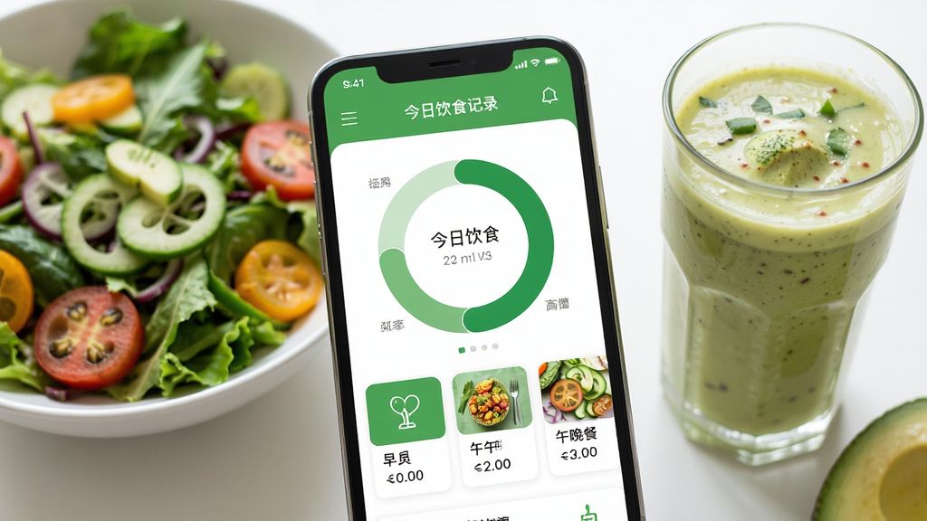 轻食计应用主界面展示,以清新的绿色和白色为主色调,手机屏幕中央显示今日饮食记录环形图表,下方排列着早午晚餐的打卡卡片。手机旁摆放着新鲜的蔬菜沙拉和一杯牛油果奶昔,整体采用明亮自然的摄影风格,浅景深突出主体,画面干净清爽无多余杂物,细节丰富,4K画质