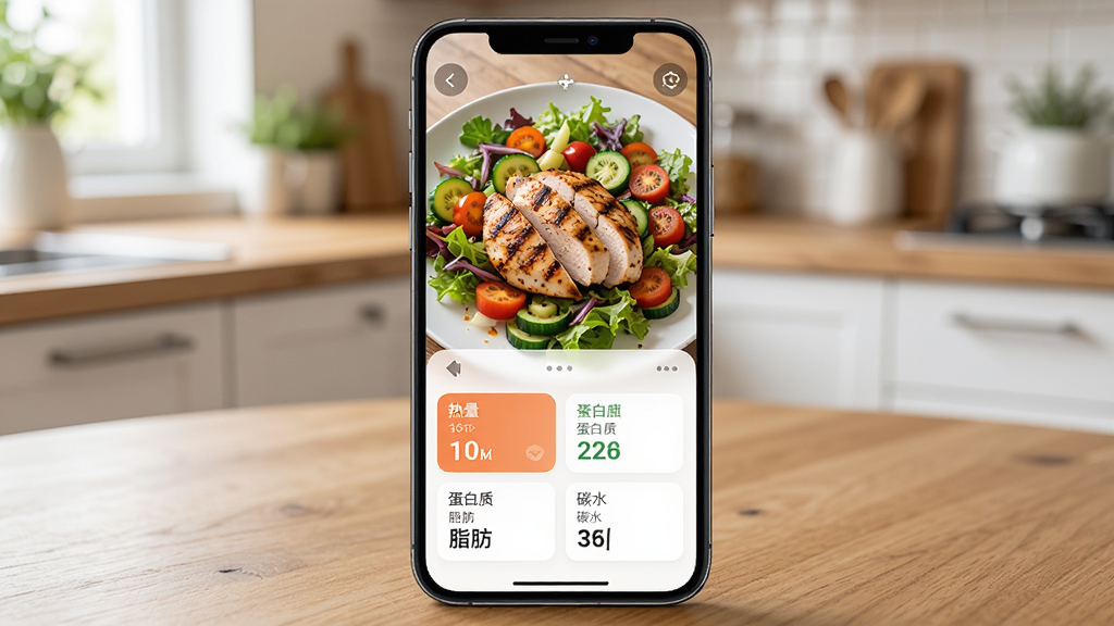 轻食计软件的食物识别功能预览图,智能手机界面展示拍摄一盘烤鸡胸肉蔬菜沙拉后的识别结果页面,画面上方是实物照片,下方列出热量、蛋白质、脂肪与碳水数据卡片。手机放在木质餐桌上,背景虚化的厨房环境,自然光照明,构图干净整洁,强调智能与便捷感,画质高清