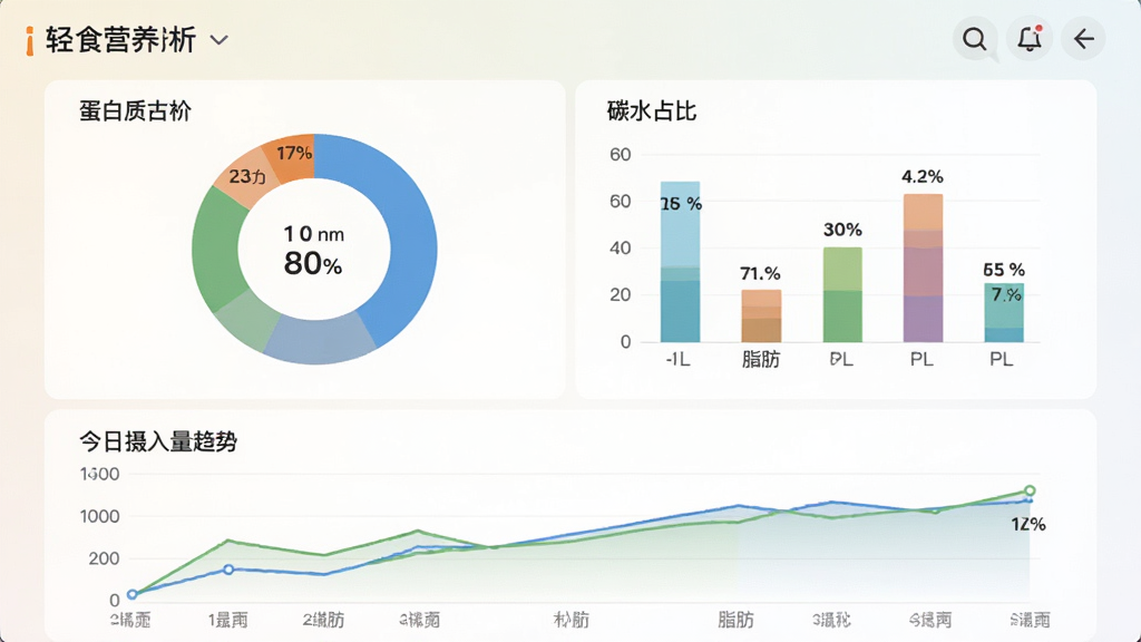 轻食计的营养分析图表界面截图,屏幕中展示彩色环形图与柱状图,分别显示蛋白质、脂肪、碳水占比,下方有今日摄入量趋势折线图。整体UI设计现代简约,背景为淡雅渐变色,图表周围有适当留白,画面专业且易于理解,无多余杂色,高清画质