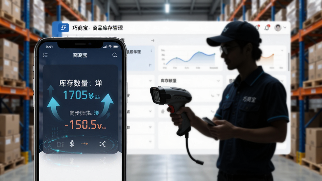画面主体为巧商宝商品库存管理界面,背景为仓库货架与手持扫码枪的商家剪影,前景是手机屏幕显示的库存数量增减动画,布局采用前实后虚的手法,商务科技风格,细节呈现同步箭头与数字变动效果,画质清晰,干净,无多余元素