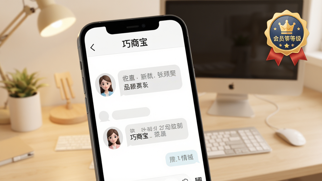 手机展示巧商宝的客户聊天界面,界面包含买家的虚拟头像与对话气泡,背景为温馨的客服工作台,右上角点缀着象征会员等级的徽章图标,浅色调为主的客服工作环境,写实风格,细节注重头像清晰度与信息排列,画质柔和,干净,无多余元素