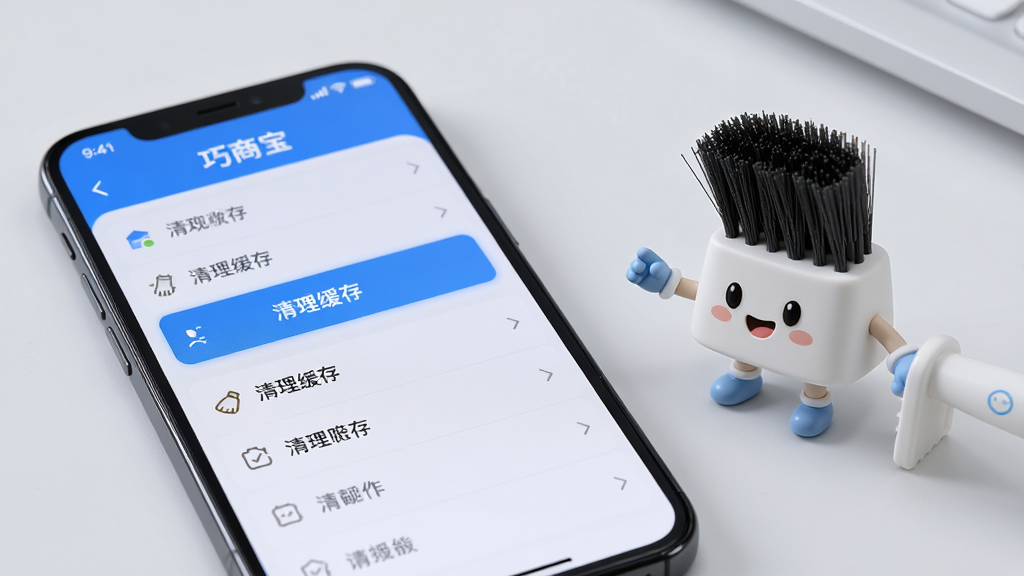 手机屏幕显示巧商宝设置页面,页面中有“清理缓存”功能高亮,手机旁放置了一个清理刷的拟人化道具,背景为干净的浅灰色桌面,构图简洁,产品寓意风格,细节突出功能选项的清晰度,画质通透,干净,无多余元素