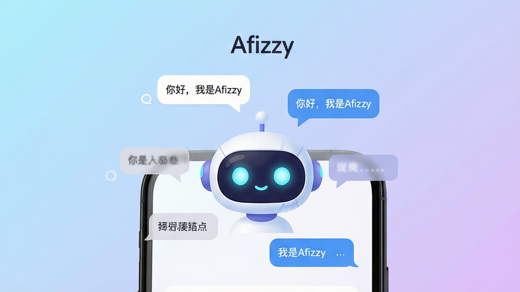 主体:手机屏幕展示Afizzy应用界面,界面中央有一个可爱的AI机器人头像,周围环绕着对话气泡。布局:手机位于画面中心偏下,背景为柔和的渐变色(浅蓝到浅紫),上方有应用名称“Afizzy”字样。排版:界面元素排列有序,对话气泡错落有致,整体留白适当。风格:现代扁平化设计,色彩明快,具有科技感。细节:机器人眼睛发光,对话气泡中有中文文字“你好,我是Afizzy”。画质:高清渲染,干净,无多余元素。