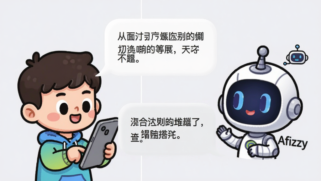 主体:两个卡通人物(一个代表用户,一个代表AI助手Afizzy)正在通过手机聊天,AI助手头像上有一个小机器人图标。布局:左右分屏设计,左侧是用户,右侧是AI助手,中间是放大的对话气泡。排版:气泡内有中文对话文字,背景为浅灰色,干净简洁。风格:Q版卡通风格,色彩活泼。细节:AI助手旁边有“Afizzy”字样,气泡文字清晰。画质:高清,干净,无多余元素。