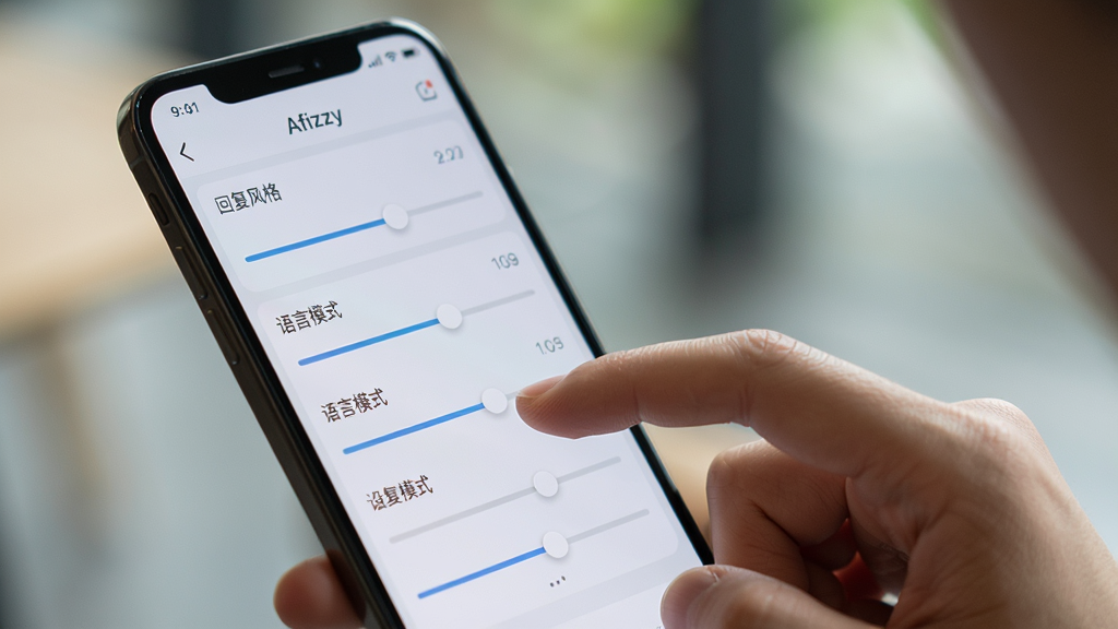 主体:一个人正在滑动手机屏幕,屏幕上是Afizzy的设置界面,有多个调节选项滑块。布局:手机屏幕占据画面主体,背景虚化,突出屏幕内容。排版:屏幕内选项列表清晰,有中文标签如“回复风格”、“语言模式”等。风格:写实风格,光线自然。细节:手指滑动屏幕,屏幕上有“Afizzy”字样。画质:高清,干净,无多余元素。