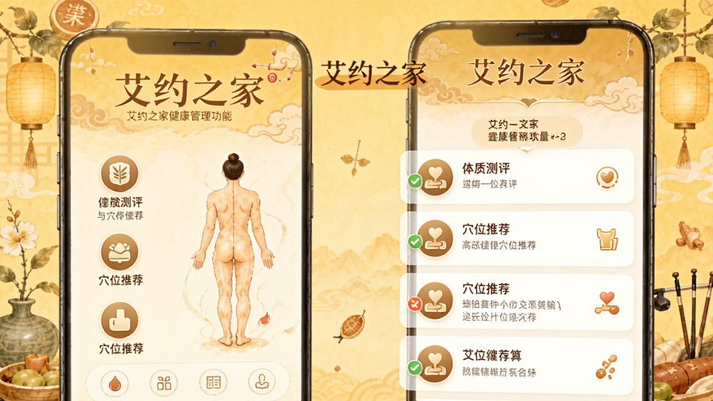 艾约之家健康管理功能页面,屏幕显示体质测评与穴位推荐列表,背景为暖黄色中医风格插画,界面图标精致,色彩温和,突出“艾约之家”字样,排版清晰,画质高清无噪点