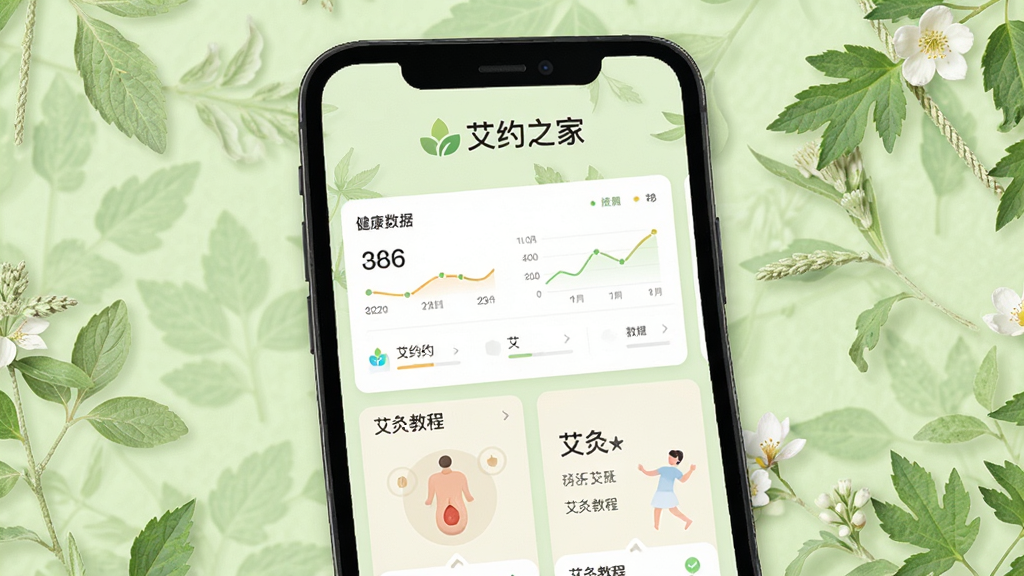 艾约之家软件主界面展示,手机屏幕内显示健康数据看板与艾灸教程模块,背景为淡绿色草本植物纹理,界面采用简洁扁平化设计,上方有“艾约之家”品牌标识,整体色调清新自然,画质细腻干净,无多余元素