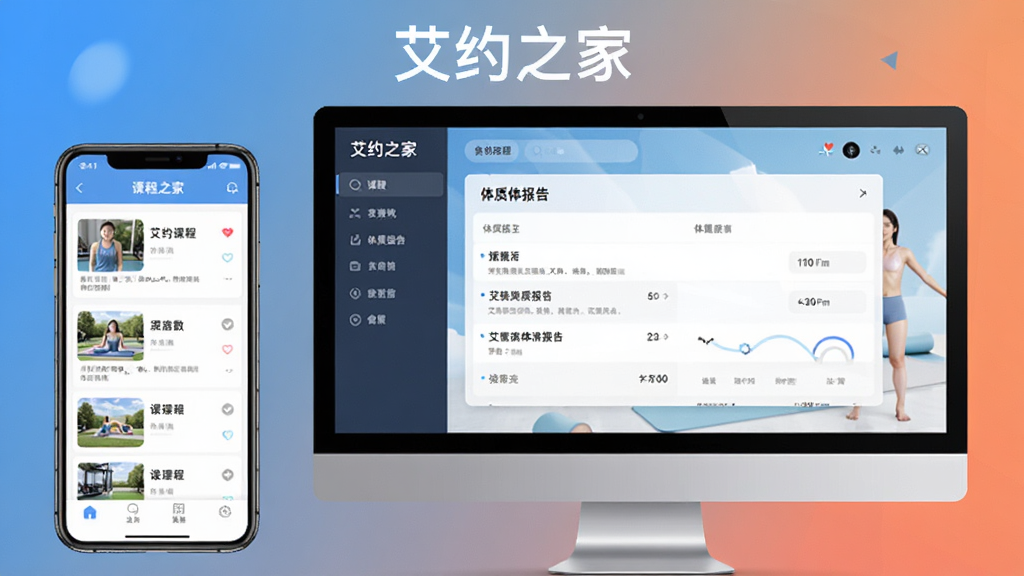 艾约之家使用教程界面,手机与电脑并排展示,手机屏幕显示课程列表,电脑屏幕显示体质报告,背景为渐变色,构图平衡,风格现代,带“艾约之家”字样,画质精细