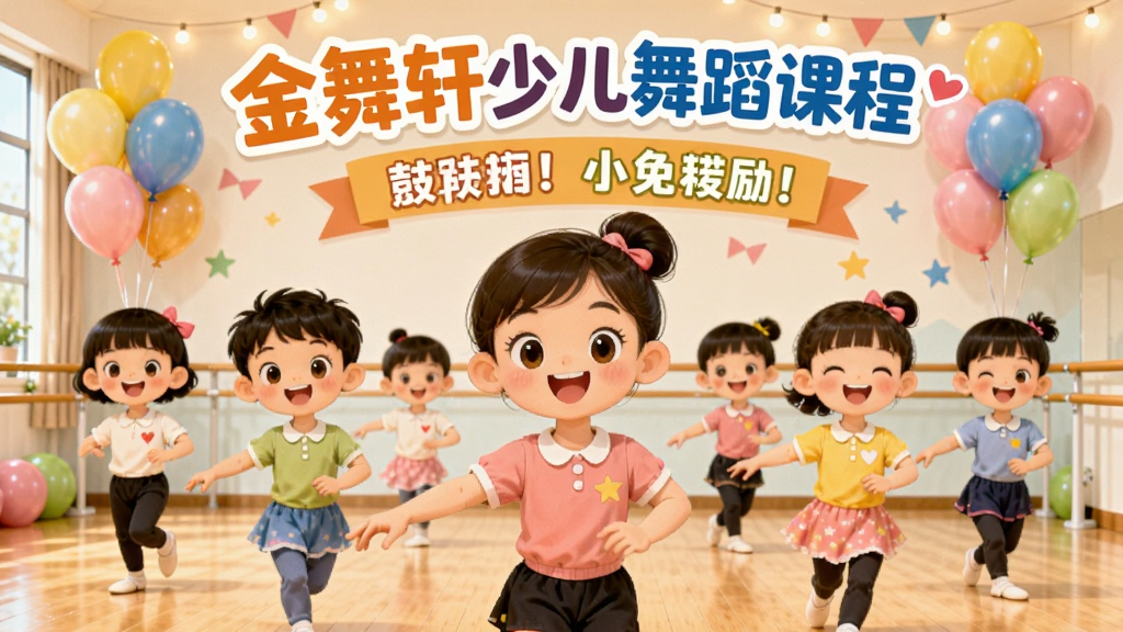 金舞轩少儿舞蹈课程,主体为儿童在舞蹈室练习,布局温馨活泼,背景彩色气球,排版有鼓励标语,风格卡通可爱,细节笑容灿烂,画质明亮干净,无多余元素