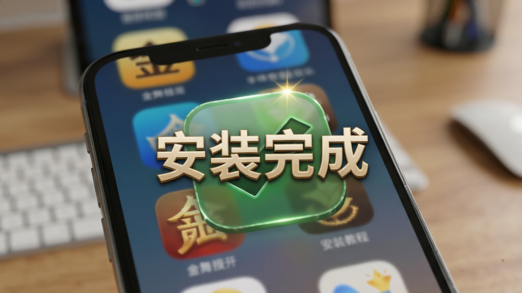 金舞轩手机安装教程,主体为手机屏幕显示应用图标,布局中央特写,背景为桌面,排版有“安装完成”字样,风格写实,细节图标高光,画质清晰,无多余元素
