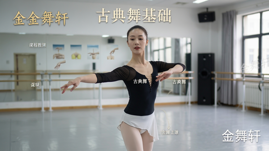 金舞轩课程教学界面,主体为舞蹈老师示范动作,布局居中构图,背景为舞蹈室,排版有课程名称“古典舞基础”,风格写实清晰,细节动作分解标注,画质高清,文字“金舞轩”水印,干净无多余元素