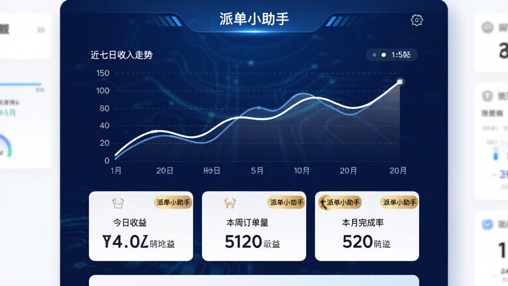 图片主体为“派单小助手”的收益统计界面,背景为深蓝色科技感渐变,中央以白色折线图展示近七日收入走势,下方排列三张数据卡片分别显示“今日收益”“本周订单量”“本月完成率”,每张卡片角落有金色“派单小助手”标识。整体居中构图,数据可视化风格,强调数字清晰与图表美观,画质高清通透,无多余装饰。