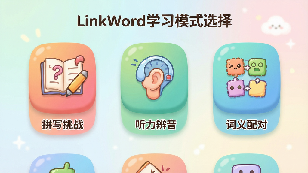 LinkWordѧϰģʽѡ����棬չʾ��ƴд��ս����������������������ԡ��Ȳ�ɫͼ�꣬����Ϊ��ͽ��䣬ͼ��Բ�󣬲������񻯣��廭���ϸ�ڿɰ������ʸɾ�����