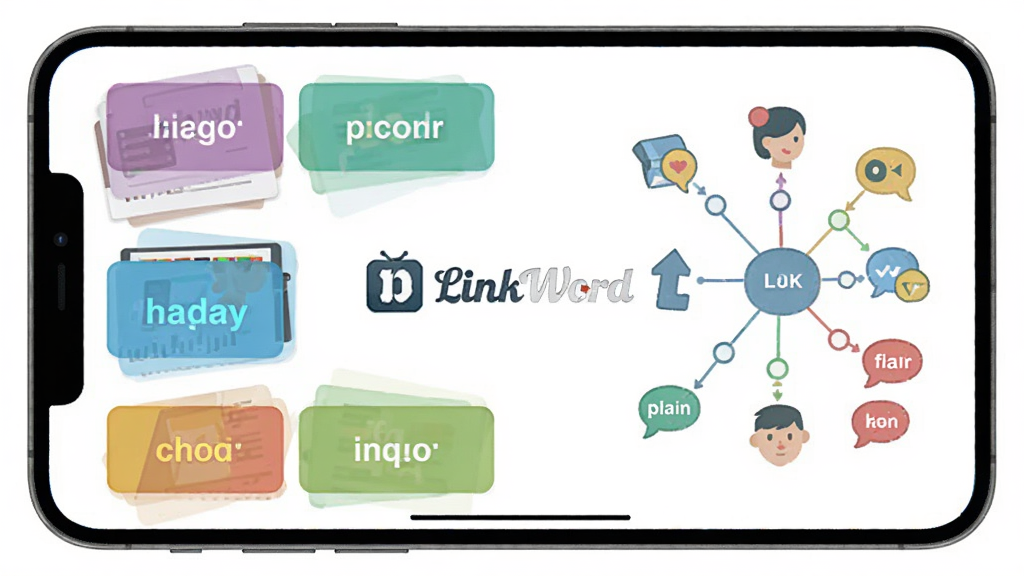 LinkWord���ʼ���Ӧ�������棬չʾ���ʿ�Ƭ����������ͼ������Ϊ��LinkWord����־��������������Ƭʽ��ƣ�ɫ�����죬��ƽ�����ϸ�ڷḻ�����ʸɾ��޶���Ԫ��