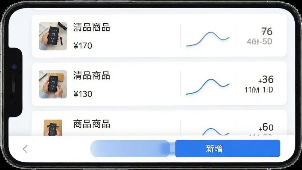 营宝备商品管理界面截图,手机屏幕显示商品列表,每行商品带有缩略图、名称、价格和库存数量,底部有新增商品按钮,界面采用蓝白配色,卡片式布局,图表清晰,风格现代简约,画质干净高清,无多余元素