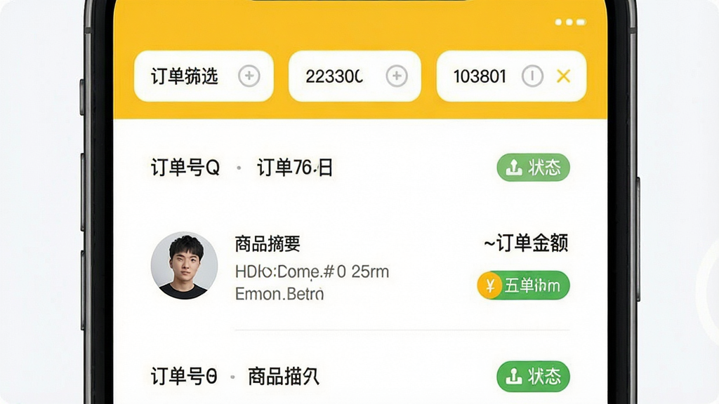 营宝备订单管理功能展示,手机屏幕展示订单列表,包含订单号、顾客头像、商品摘要、订单金额及状态标签,顶端有筛选条件,界面黄白配色,信息层级分明,画质清晰,无多余视觉干扰