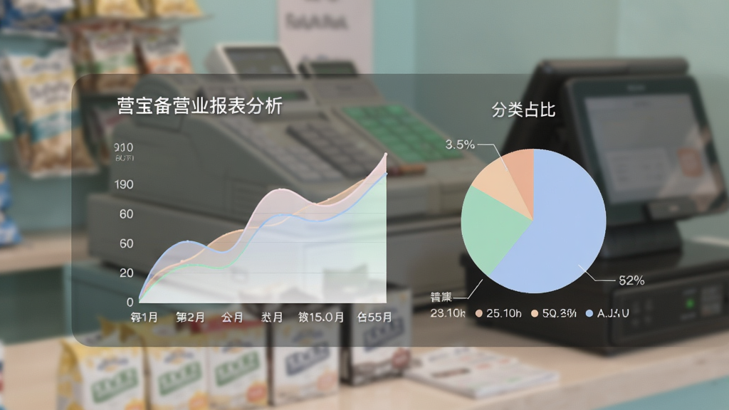 营宝备营业报表分析图表,手机屏幕展示折线图与饼图,显示销售额趋势和分类占比,图表配色柔和,背景为模糊的店铺收银台场景,字体清晰,画质专业,无多余元素