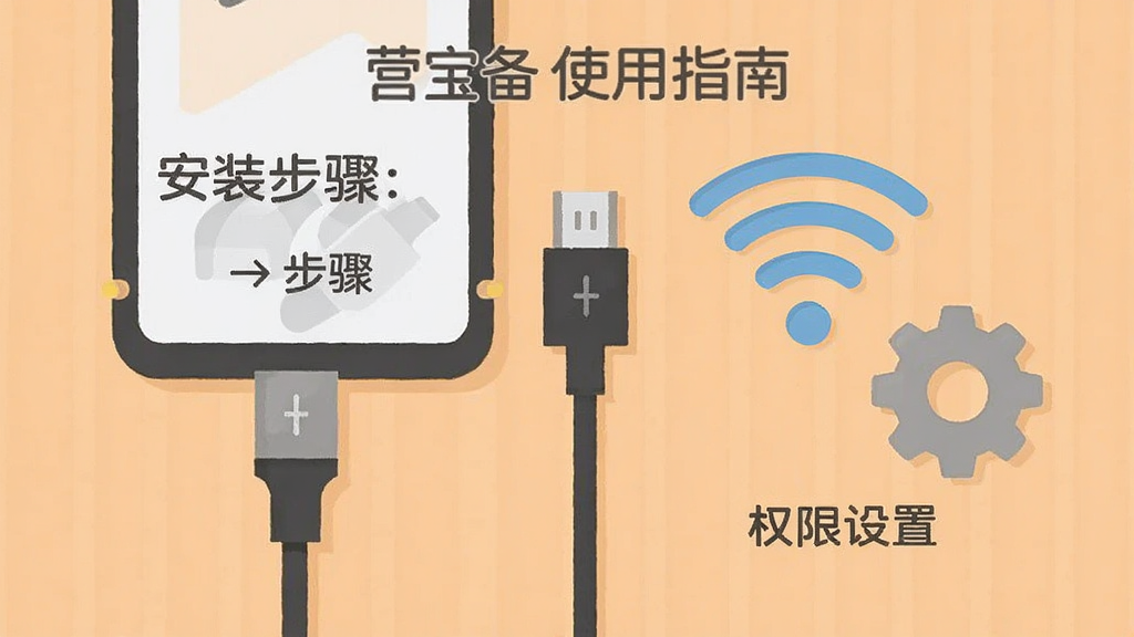 营宝备使用指南图解,手机连接数据线的插画,旁边显示Wi-Fi图标和设置齿轮,背景为浅橙色,扁平化风格,文字标注“安装步骤”和“权限设置”,画质干净清晰,无多余元素