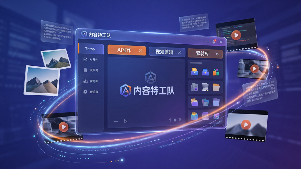 主体:一款名为“内容特工队”的AI创作软件界面,悬浮在半空中,周围环绕着文字、图片、视频等多媒体元素。布局:居中构图,软件界面为视觉焦点,四周有流畅的光效和数据流线条。排版:界面展示出清晰的模块分区,包括“AI写作”、“视频剪辑”、“素材库”等标签。风格:科技感与未来感结合,色调以蓝紫色为主,辅以亮橙色点缀,营造智能、高效的氛围。细节:屏幕中隐约可见“内容特工队”的Logo和中文名称,边缘有细腻的发光效果。画质:8K超高清,光影通透,干净无多余元素。