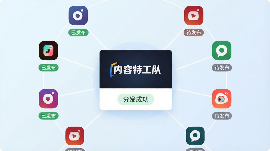 主体:内容特工队的多平台分发界面,中央是内容预览卡片,周围环绕着各大社交平台的图标。布局:环绕式构图,每个平台图标下都有“已发布”或“待发布”的标签。排版:界面简洁直观,以中心向四周辐射的布局展示分发状态。风格:明亮清新的商务风格,背景为淡蓝色渐变,图标色彩丰富。细节:卡片上显示“内容特工队”的Logo,以及“分发成功”的提示字样。画质:高画质,界面干净,无多余元素。