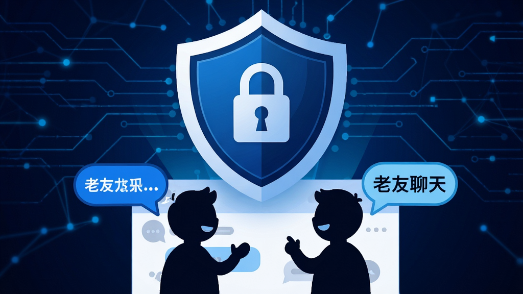 画面主体为一个盾牌图标守护着两个正在聊天的卡通人物剪影,背景为科技感十足的深蓝色数字网络线条。布局采用对称式,盾牌位于画面上方中央,下方是聊天界面元素。排版风格抽象且具有安全感,强调防护功能。细节上,盾牌上有锁形图案,聊天剪影旁有“老友聊天”字样。画质清晰,色彩对比明显,干净无多余元素。