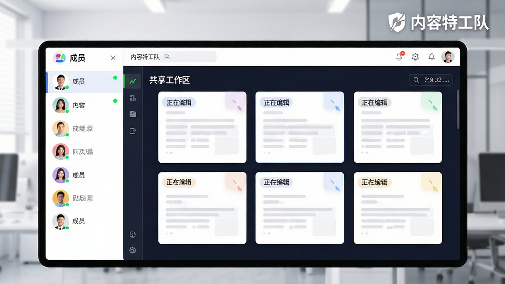 主体:内容特工队的团队协作界面,屏幕上显示多个用户头像和共享文档。布局:多窗口布局,主区域为共享工作区,侧边栏展示成员列表与在线状态。排版:文档卡片整齐排列,成员头像带有绿色在线指示点。风格:现代办公风格,明亮色调,界面干净清爽。细节:右上角有“内容特工队”的品牌标识,文档上有“正在编辑”的标识。画质:清晰细腻,无多余元素。