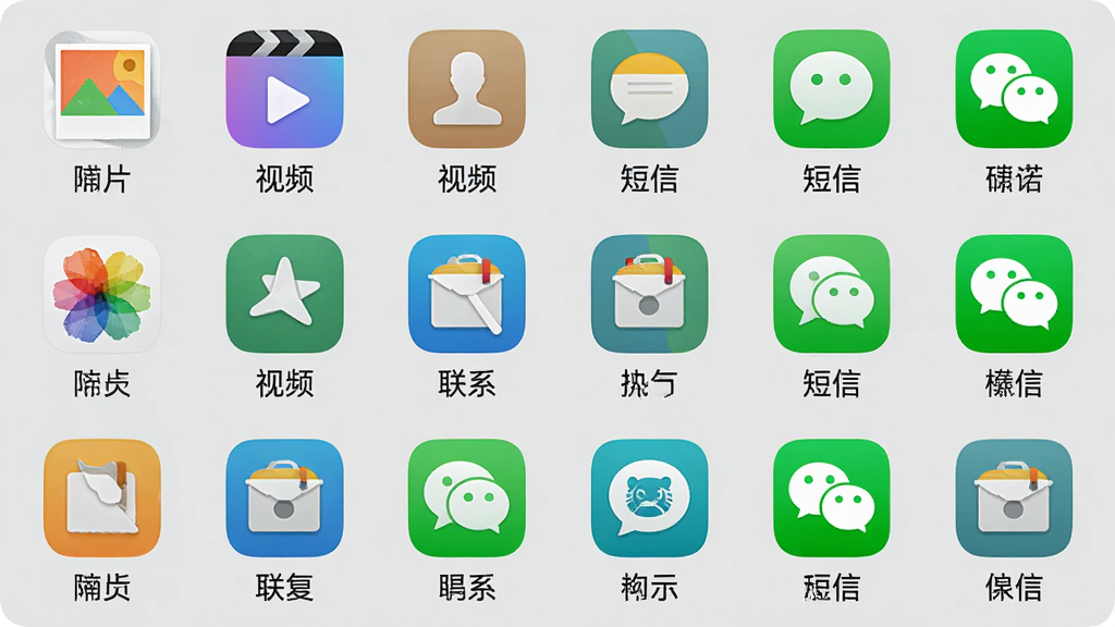一张展示开心手机恢复大师支持多种数据类型的界面截图,界面中图标排列整齐,涵盖照片、视频、联系人、短信、微信等图标,每个图标下方有中文标签,背景为浅灰色,图标色彩丰富,布局清晰,画质高清,干净无多余元素