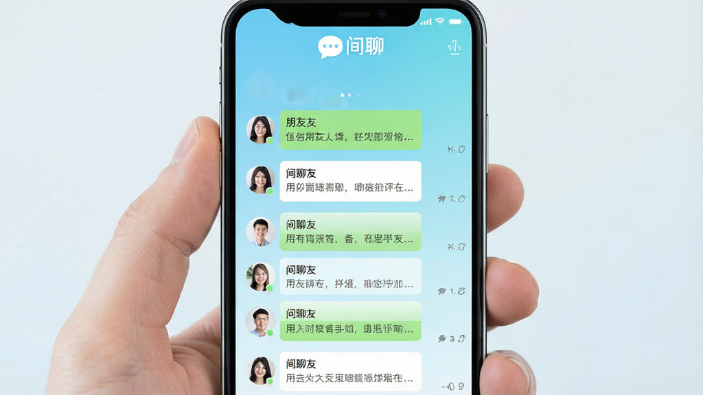 一张展示间聊应用主界面的高清截图,手机屏幕中央显示与好友的聊天对话列表,背景采用清新的浅蓝色渐变,界面布局简洁明了,上方有“间聊”字样Logo,整体风格现代、干净、无多余元素,画质高清,突出社交软件的清爽与专业感。