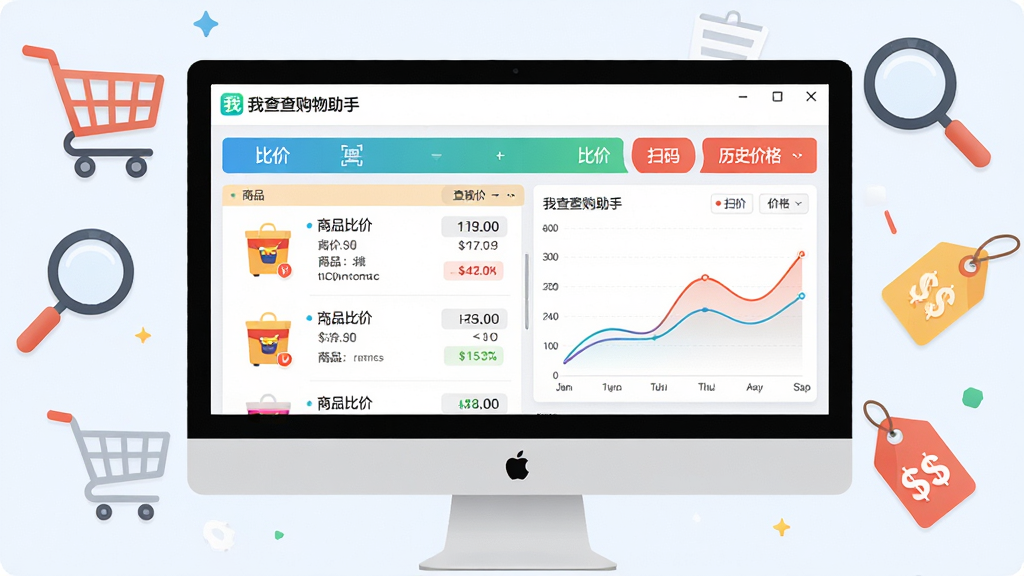 主体:一款名为“我查查购物助手”的PC软件界面,显示在电脑屏幕上,屏幕中有商品比价列表与价格曲线图。布局:电脑屏幕居中,周围有购物车、放大镜、价格标签等元素环绕。排版:画面清晰,主次分明,软件界面放大展示。风格:现代扁平化设计,色彩明亮,突出购物与查询主题。细节:屏幕内可见“我查查购物助手”Logo及“比价”“扫码”“历史价格”等文字标签。画质:高清渲染,干净整洁,无多余元素。