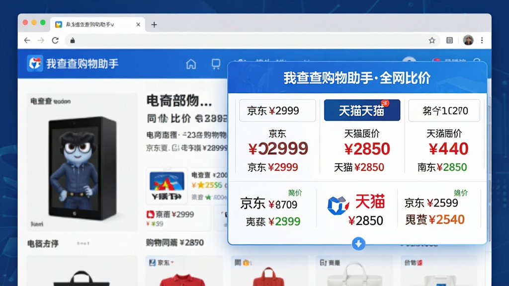 主体:“我查查购物助手”在浏览器中弹出的比价浮层,列出多个电商平台的同款商品价格。布局:比价浮层位于画面右侧,左侧为商品详情页,浮层内横向对比价格。排版:浮层设计简洁,价格数字醒目,平台Logo清晰可见。风格:商务科技感,蓝白主色调。细节:浮层标题为“我查查购物助手全网比价”,包含“京东¥2999”“天猫¥2850”等价格标签。画质:高清,细节丰富,无多余元素。