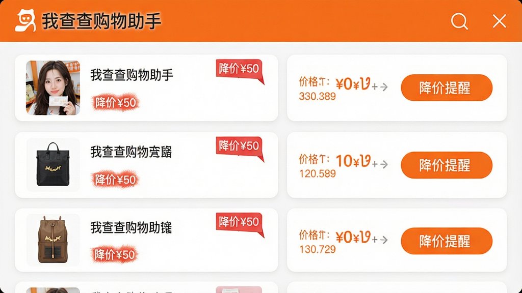 主体:“我查查购物助手”的收藏夹界面,展示多款商品的降价提醒列表。布局:列表左侧为商品缩略图,右侧为价格与“降价提醒”按钮。排版:整体采用卡片式布局,清晰展示商品信息。风格:清爽简洁,主色为橙白搭配。细节:界面顶部有“我查查购物助手”Logo,每张卡片上有“降价¥50”红色标签。画质:高清,界面干净,无多余元素。