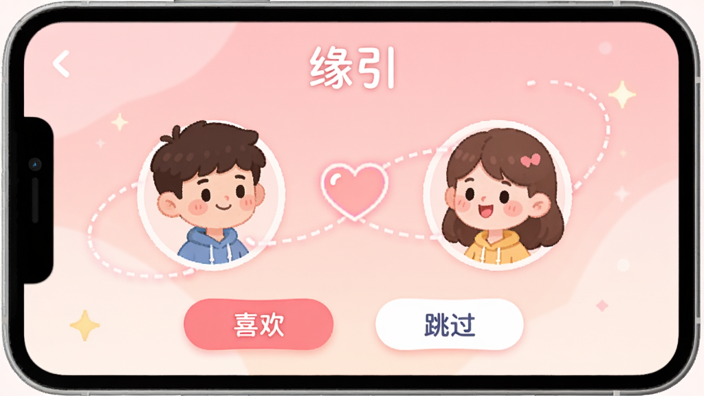 “缘引”智能匹配功能界面,屏幕中央显示两个卡通人物形象,之间有发光的心形连接线,下方有“喜欢”和“跳过”按钮,背景为淡粉色渐变,风格温馨可爱,画质清晰,无多余元素