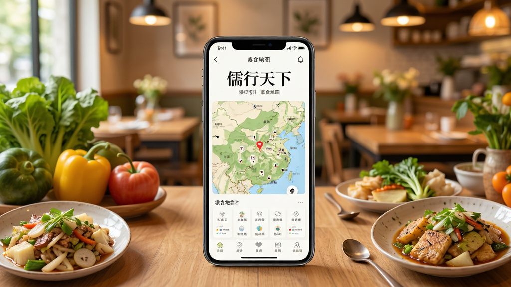 画面展示一部手机屏幕上的“儒行天下”素食地图界面,周围环绕新鲜蔬果与素菜佳肴的精美摄影图片,手机置于木质餐桌之上,背景为温馨的素食餐厅环境,采用明亮的暖色调,布局自然,细节丰富,画质通透干净,无多余元素
