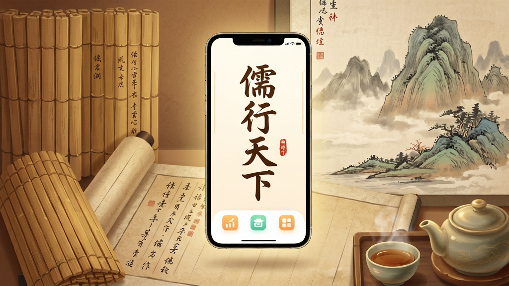 画面主体为一部亮着屏幕的智能手机悬浮于古朴书卷与山水画之间,屏幕中清晰显示“儒行天下”四个大字及简约的APP界面布局,周围点缀竹简、茶具等元素,整体采用暖色调国潮插画风格,排版居中对称,细节包含柔和光影与纹理质感,画质高清干净,无多余元素