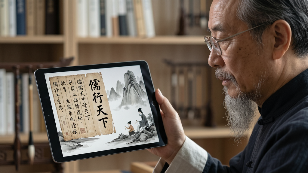 高清特写一位学者手持平板电脑,屏幕上展示着“儒行天下”的经典诵读界面,界面呈现古朴的竖排文字与水墨风格插图,学者神情专注,背景是简约的书房书架,采用写实摄影风格,构图平稳,光线柔和自然,画质细腻干净,无多余杂物