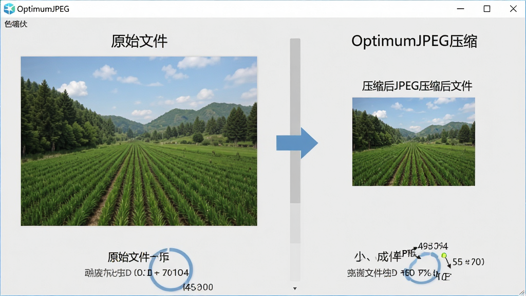 主体:OptimumJPEG软件界面与压缩前后的图片对比展示。布局:左侧为原始大尺寸图片文件,右侧为经过OptimumJPEG压缩后的清晰小尺寸图片,中间用箭头连接,下方显示文件大小对比数据。排版:左右分栏,视觉重心居中,文字标签清晰标注“原始文件”与“压缩后文件”。风格:简洁科技感,背景浅灰色,界面元素扁平化。细节:图片细节丰富,压缩后图片依然清晰锐利,突出体积变小。画质:高分辨率渲染,干净,无多余元素。