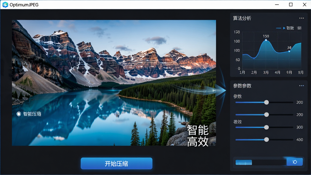 主体:OptimumJPEG软件运行界面,展示智能压缩算法工作状态。布局:界面中央显示一张高清风景图片,右侧面板展示算法分析图表与参数调节滑杆,底部有“开始压缩”按钮。排版:左右结构,信息层级分明,图表采用蓝色渐变色调。风格:现代化软件界面,深色主题,科技感十足。细节:图片细节丰富,压缩过程动画流畅,突出“智能”与“高效”。画质:超清渲染,干净,无多余元素。