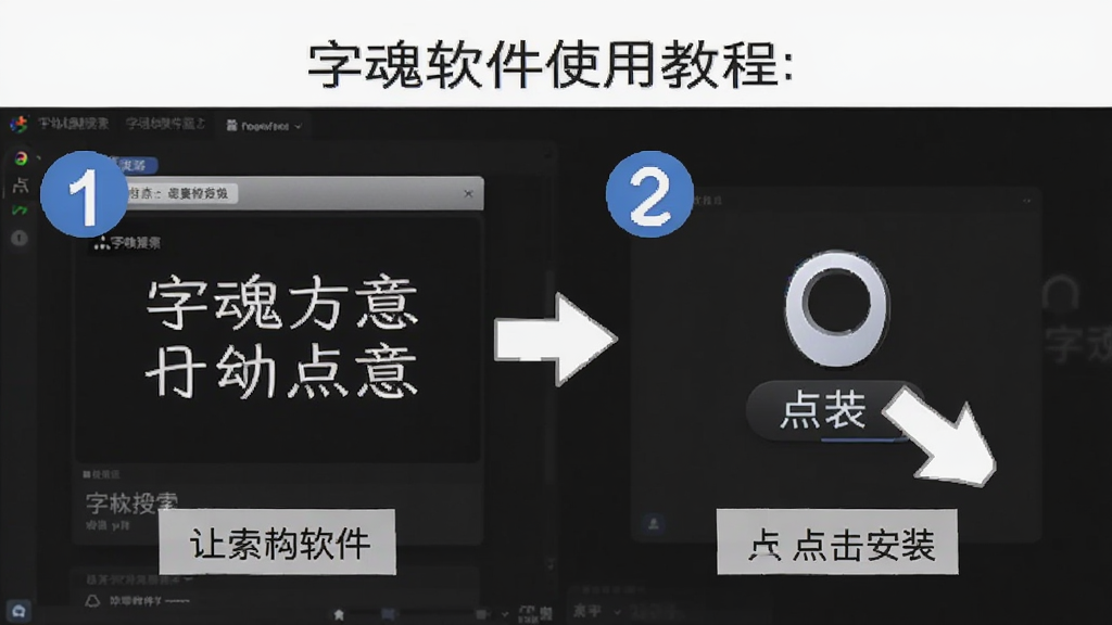 字魂软件使用教程步骤图,展示从搜索字体到点击安装的完整流程,界面指示清晰,步骤编号醒目,风格简约干净